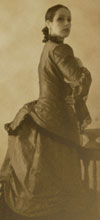 Karen in silk Victorian bustle suit, style 790-1