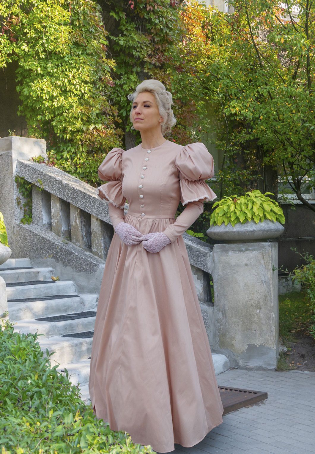 Gwyneth Victorian Lace trimmed Gown with Puffed sleeves