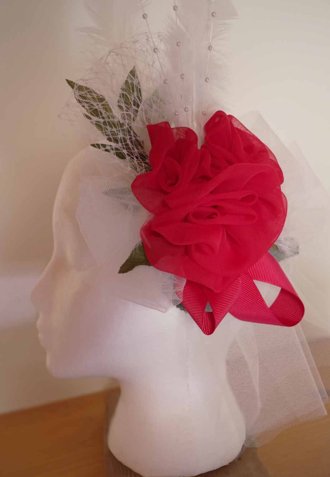 White and Red Chiffon Flower Headpiece on sale