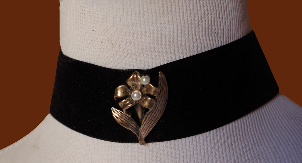 Black Velvet Choker with Pearl and Brass Flower in stock ready to ship