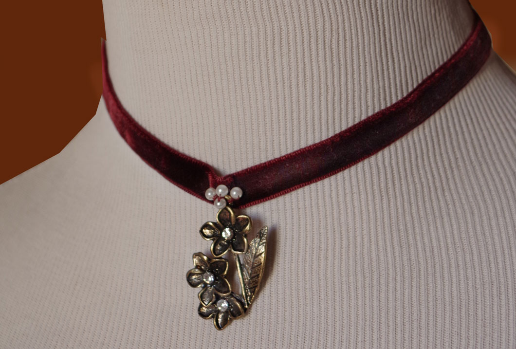Wine Velvet Choker with Pearls and Brass Flower in stock ready to ship