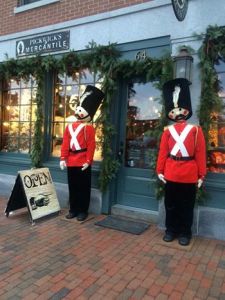 Pickwick's Mercantile storefront with toy soldiers lining doorway