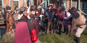 Old Town Temecula Gunfighters - women with rolling pins and men cowering