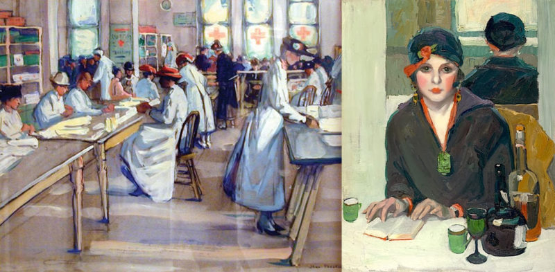 American Impressionist, Jane Peterson Red Cross painting and woman in a cafe painting