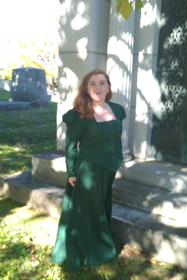 Elizabeth wearing Samantha N.'s Penelope Victorian Dress at a cemetery picnic