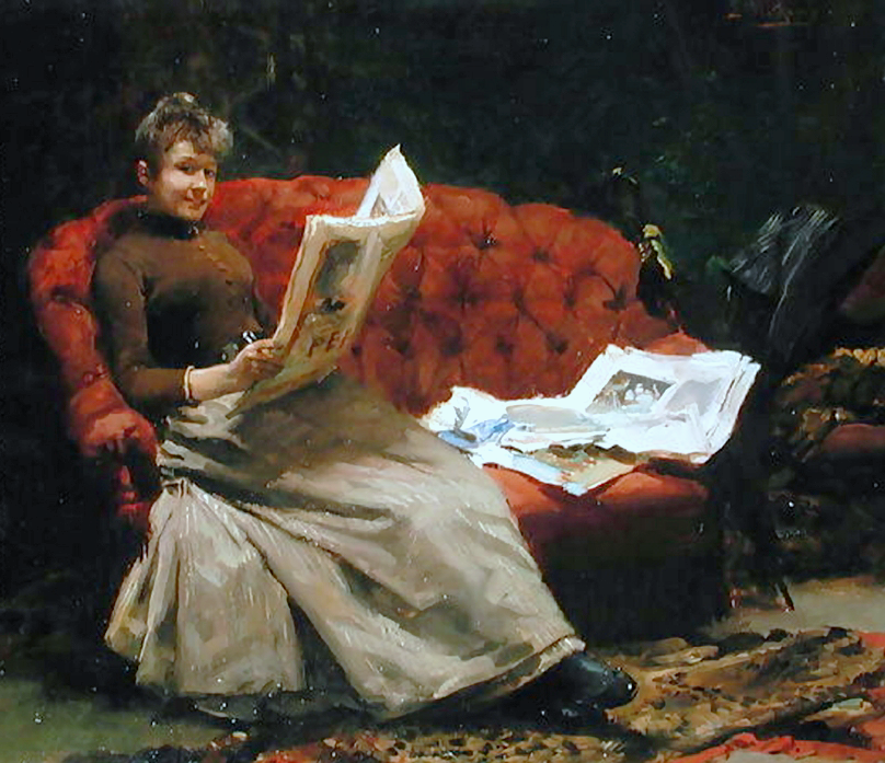 woman reading newspaper painting